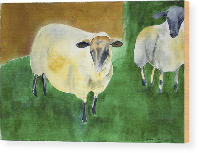  Wood Print featuring the painting Sheep by the Wall by Kathleen Barnes
