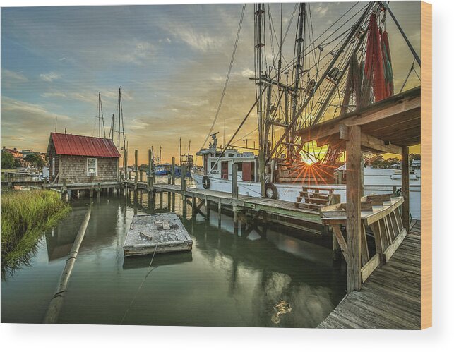 Shem Creek Wood Print featuring the photograph Shem Creek Boathouse and Shrimp Boat by Donnie Whitaker