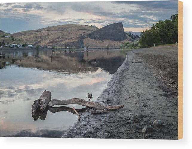 Lewiston Idaho Clarkston Washington Id Wa Lewis Clark Lc Valley Drift Wood Snake River Beach Rock Hell's Canyon National Park Shoreline Water Clouds Swallows Nest Sand Still Wood Print featuring the photograph Shoreline View of the Rock by Brad Stinson