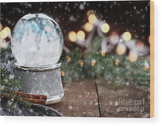 Snowglobe Wood Print featuring the photograph Silver Snow Globe with White Christmas Trees by Stephanie Frey