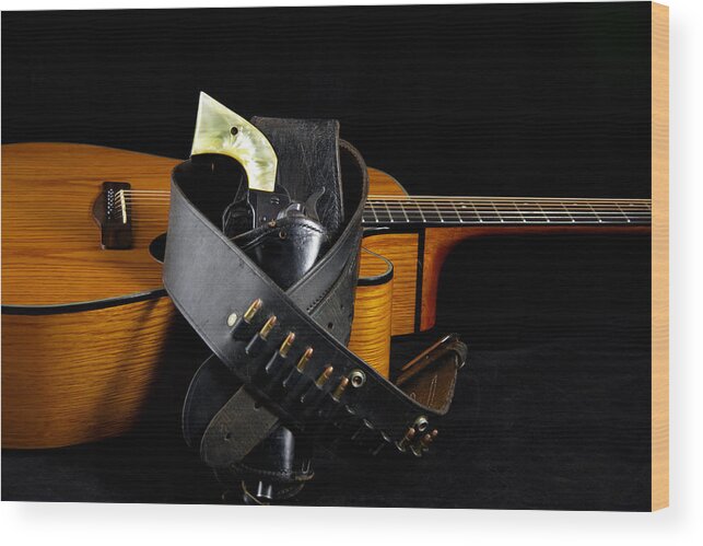 Guitar Wood Print featuring the photograph Six Gun and Guitar on Black by M K Miller