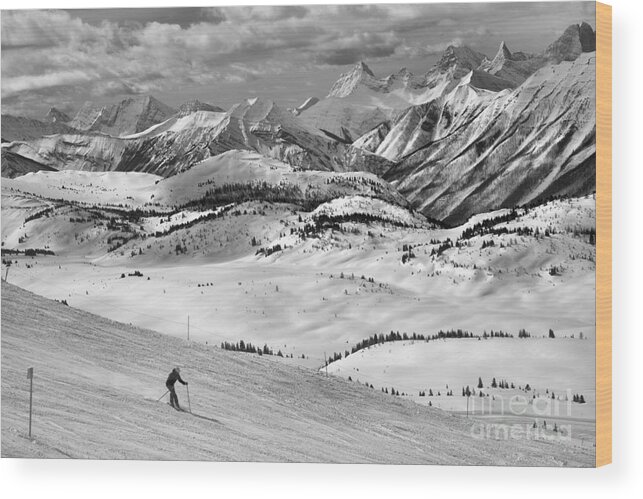 Sunshine Village Wood Print featuring the photograph Skiing Through The Canadian Rockies Black And White by Adam Jewell