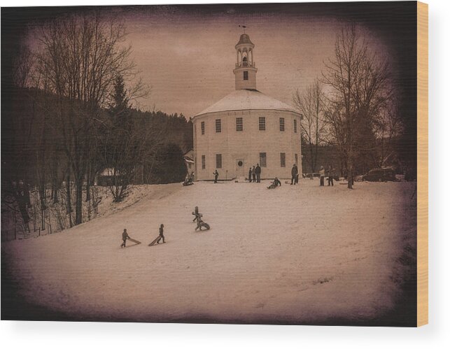 #jefffolger Wood Print featuring the photograph Sledding at the Vermont round church by Jeff Folger