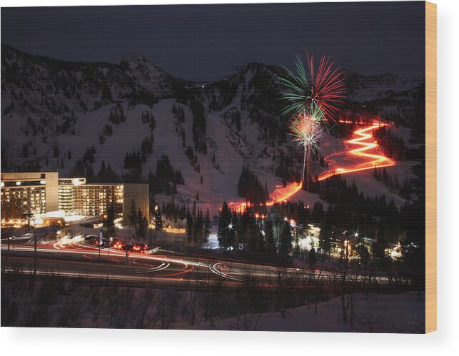 Landscape Wood Print featuring the photograph Snowbird Torchlight Parade and Firework by Brett Pelletier