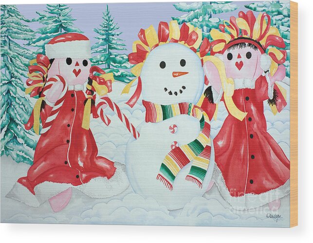 Christmas Cards Wood Print featuring the painting Snowgirls with Serape Scarf by Kandyce Waltensperger