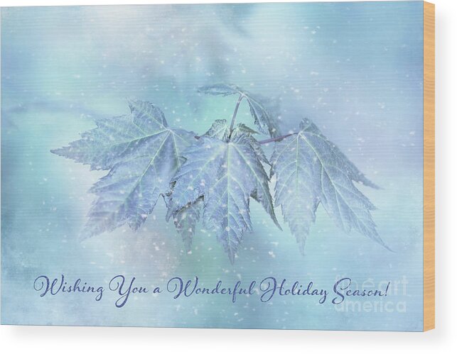 Winter Holiday Card Wood Print featuring the photograph Snowy Baby Leaves Winter Holiday Card by Anita Pollak