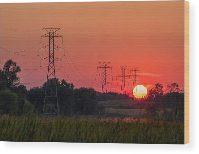 Sun Sunset Power Electricity Power Lines Landscape Marsh Cattails Horizontal Orange Green Yellow Wood Print featuring the photograph Solar Power by Peter Herman