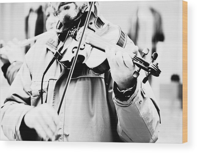 Playing; Man; Violin; Instrument; Musical; Music; Classical; Harmony; Melody; Antique; Symphony; Play; Instrumental; Performance; Musician; Art; Artistic; Violinist; Performing; Black; White; Person; Black And White; Bw; Photograph Wood Print featuring the photograph Sounds of a stranger by Gabriela Insuratelu