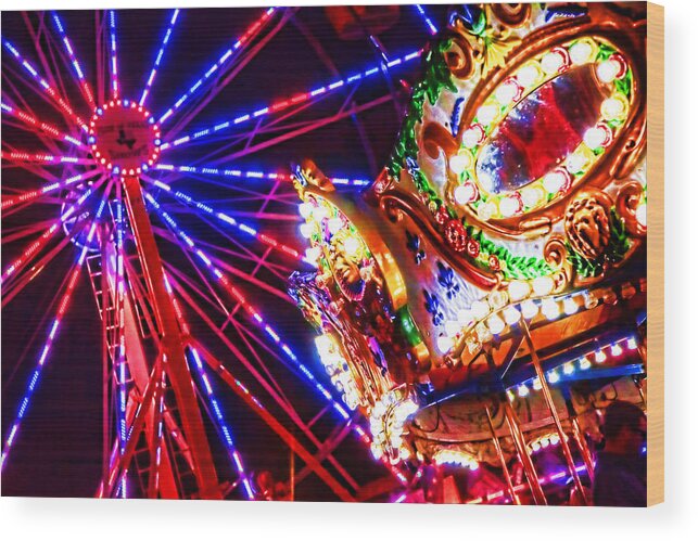 Carnival Rides Wood Print featuring the photograph Night Lights at County Fair by Toni Hopper