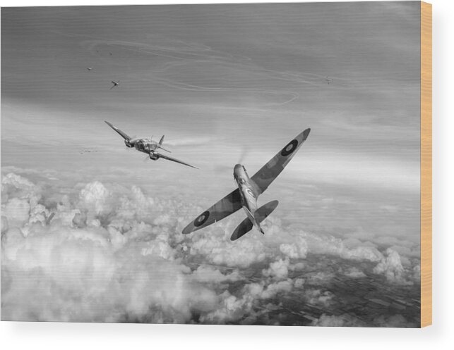Spitfire Wood Print featuring the photograph Spitfire attacking Heinkel bomber black and white version by Gary Eason