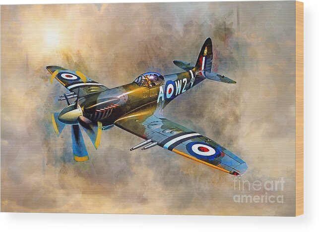 Spitfire Wood Print featuring the painting Spitfire Dawn Flight by Ian Mitchell