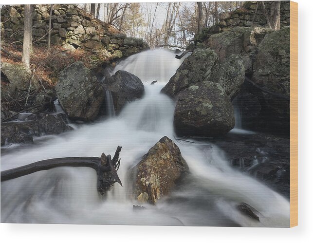 Rutland Ma Mass Massachusetts Waterfall Water Falls Nature New England Newengland Outside Outdoors Natural Old Mill Site Woods Forest Secluded Hidden Secret Dreamy Long Exposure Brian Hale Brianhalephoto Peaceful Serene Serenity Splits Tree Logs Divide Wood Print featuring the photograph Splits by Brian Hale