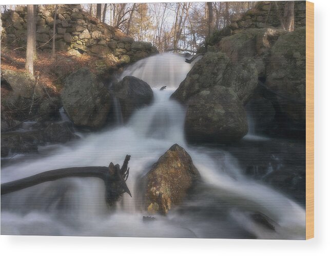 Dreamy Split Splits Divide Water Secret Fall Falls Waterfall Waterfalls Dream Nature Outside Natural Outdoors Stonewall Stone Wall Boulder Rocks Trees Woods Forest Soft Long Exposure Rutland Ma Mass Massachusetts New England Newengland Brian Hale Brianhalephoto Wood Print featuring the photograph Splits dreamy by Brian Hale