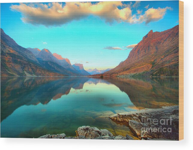 St Mary Lake Wood Print featuring the photograph St Mary Lake Clouds And Calm Water by Adam Jewell