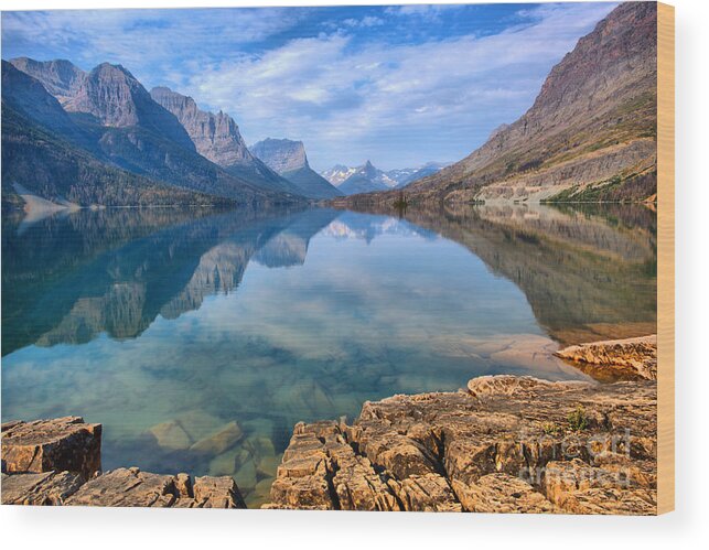 St Mary Lake Wood Print featuring the photograph St Mary Partly Cloudy Reflections by Adam Jewell
