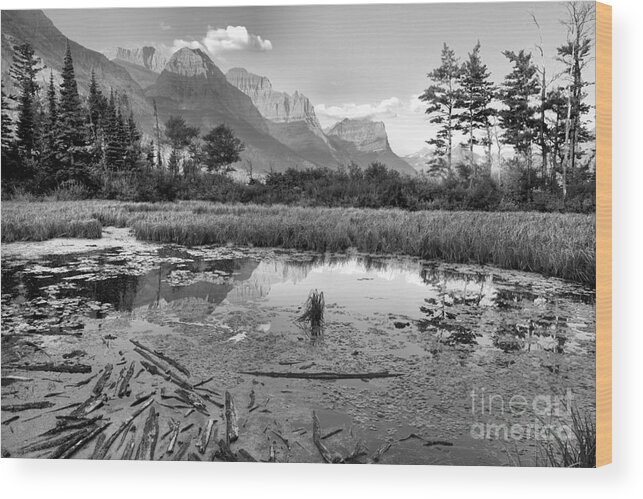 St Mary Lake Wood Print featuring the photograph St Mary Peaks Hazy Reflections Black And White by Adam Jewell