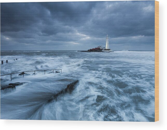 St Mary's Lighthouse Wood Print featuring the photograph St Mary's Lighthouse and the cold North Sea by Anita Nicholson