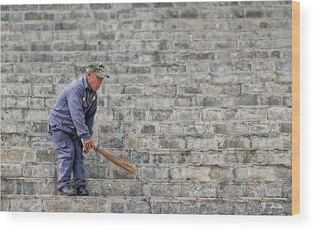 Bhutan Wood Print featuring the photograph Stair Sweeper in Bhutan by Joe Bonita