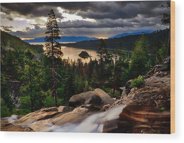 Sunrise Wood Print featuring the photograph Standing At Eagle Falls by Renee Sullivan
