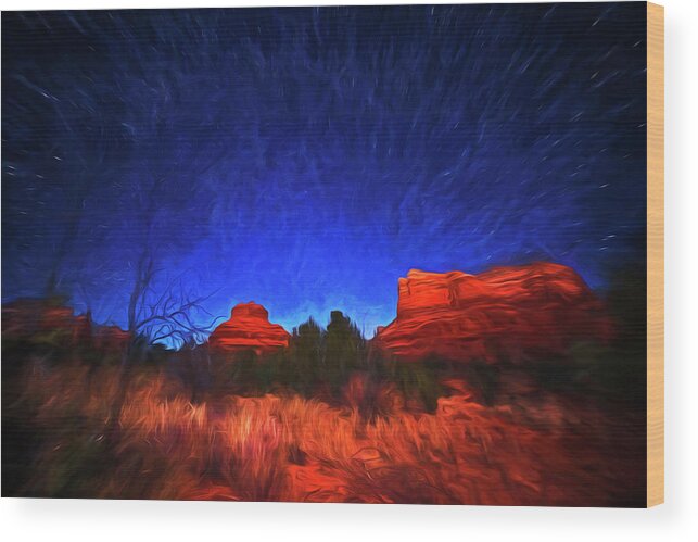 Sedona Wood Print featuring the photograph Starry Sky over Bell Rock in Sedona AZ Arizona Painterly by Toby McGuire