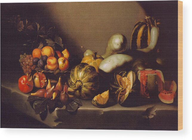 Still Life With Fruit On A Stone Ledge (c. 1601-05). Caravaggio Wood Print featuring the painting Still Life with Fruit on a Stone Ledge by MotionAge Designs