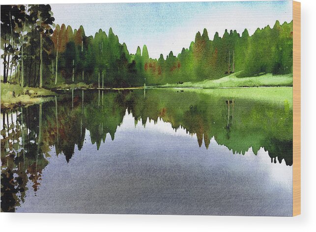 Watercolour Lanndscape Wood Print featuring the painting Still Water Tarn Hows by Paul Dene Marlor