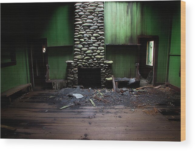 Abandoned Home Wood Print featuring the photograph Stone Fireplace by Mike Eingle