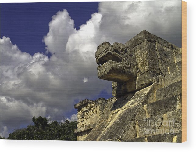 Chichen Itza Wood Print featuring the photograph Stone Sky and Clouds by Ken Frischkorn