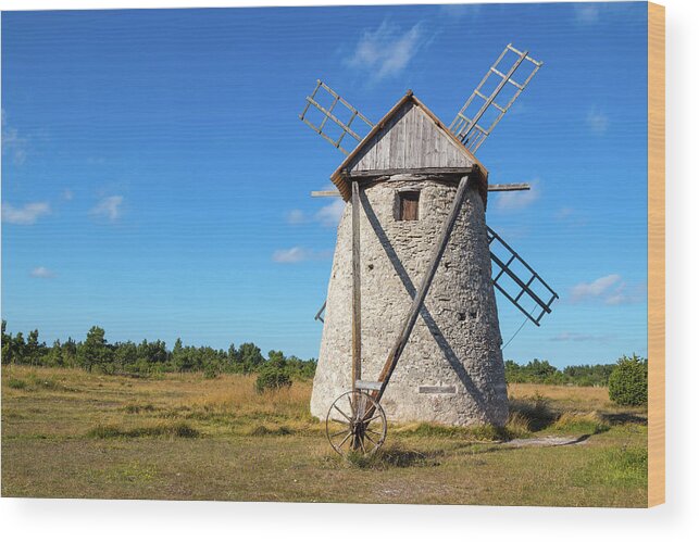 Windmill Wood Print featuring the photograph Stone windmill in Gotland, Sweden by GoodMood Art
