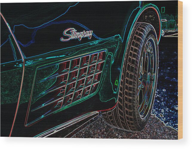 Corvette Wood Print featuring the digital art Stringray Neon by Darrell Foster