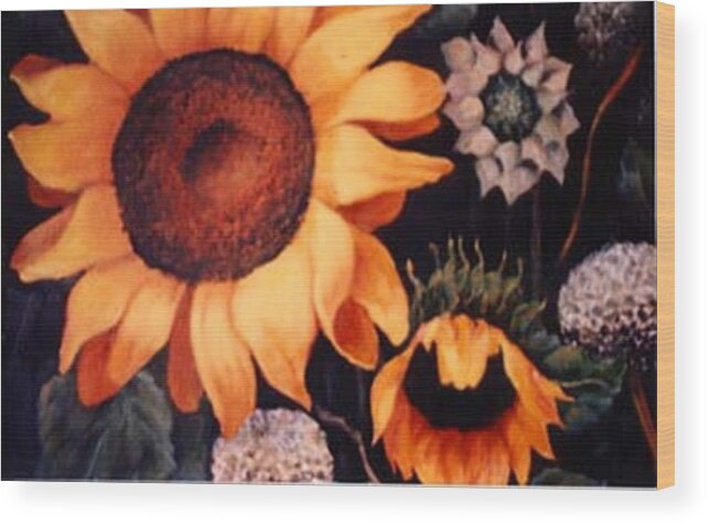 Sunflowers Paintings Wood Print featuring the painting Sunflowers and more sunflowers by Jordana Sands
