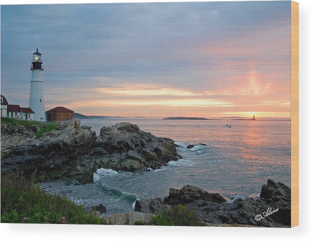 Sunrise Wood Print featuring the photograph Sunrise at Portland Head Lighthouse by Alana Ranney