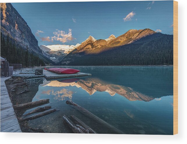 Lake Louise Wood Print featuring the photograph Sunrise at the Canoe Shack of Lake Louise by Pierre Leclerc Photography
