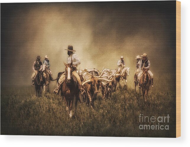 Sunrise Cattle Drive Wood Print featuring the photograph Sunrise Cattle Drive by Priscilla Burgers