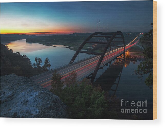 360 Bridge Wood Print featuring the photograph Sunrise greets the Lake Austin and the 360 Bridge as early morni by Dan Herron