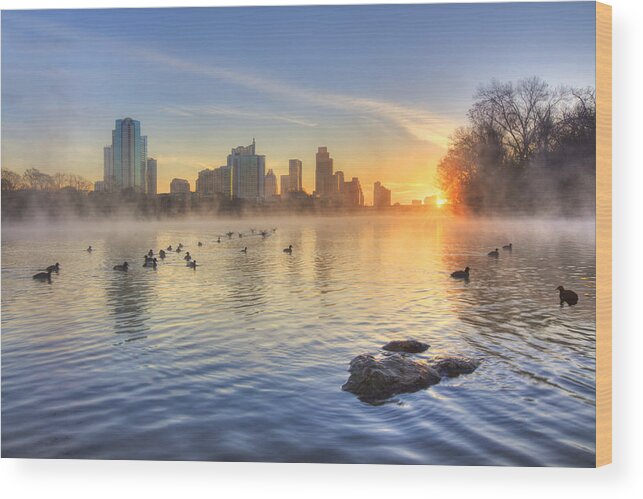 Austin Sunrise Wood Print featuring the photograph Sunrise in January over Austin Texas 5 by Rob Greebon