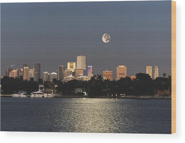 Sunrise Wood Print featuring the photograph Moonrise Over Miami by Gary Dean Mercer Clark
