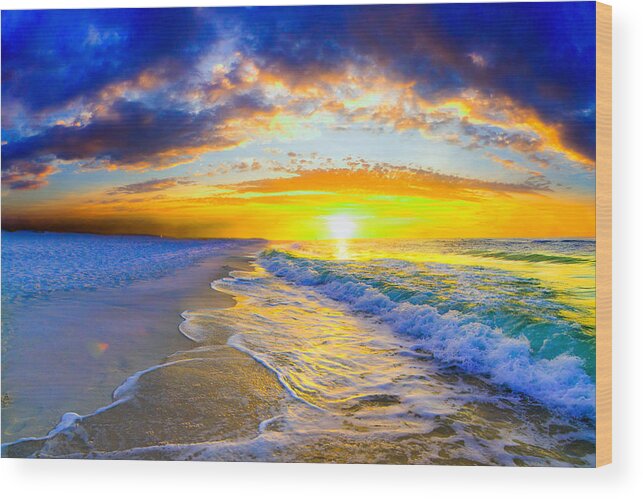 Sunrise On Ocean Wood Print featuring the photograph Sunrise On Ocean Waves Beautiful Orange Sunrise by Eszra Tanner