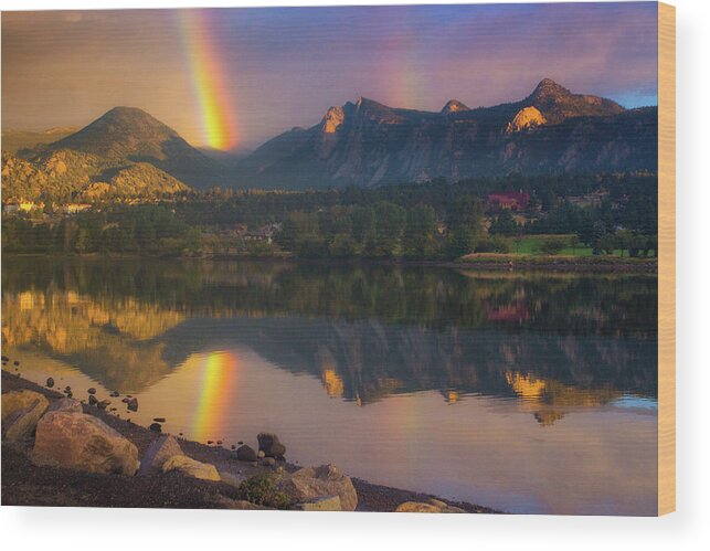 Estes Park Wood Print featuring the photograph Sunrise Summer Rainbow In Colorado by John De Bord