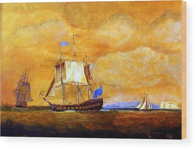 Sunset Wood Print featuring the painting Sunset and Ships by Richard Le Page