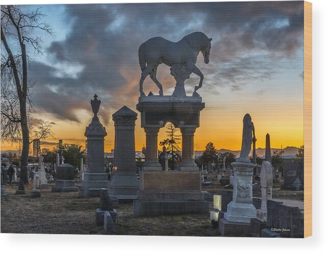 Addison Baker Wood Print featuring the photograph Sunset at Riverside Cemetery by Stephen Johnson