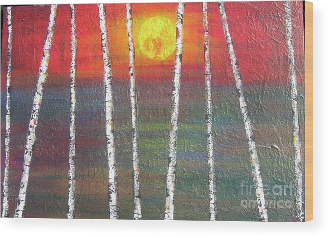 Abstract Wood Print featuring the painting Sunset Birch by Jacqueline Athmann