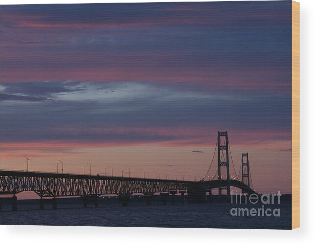Mackinaw City Wood Print featuring the photograph Sunset Bridge by Linda Shafer
