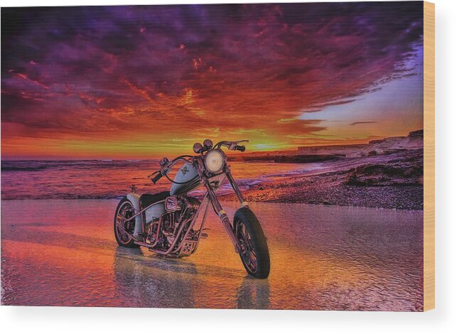 Sunset# Ocean # Motorcycle # Colorful # Chopper # Render# Panhead # Custom Chopper # Motorcycle Art # Usa # Reflections #florida # Harley-davidson # Panhead # Motorcycle # Chopper # Custom Chopper # Motorcycle Art # Reflections # American# Bobber # Harley-davidson #c4d #3d Model # Photorealistic #3d Rendering # Render # Usa # Florida # Visualization Wood Print featuring the photograph sunset Custom Chopper by Louis Ferreira