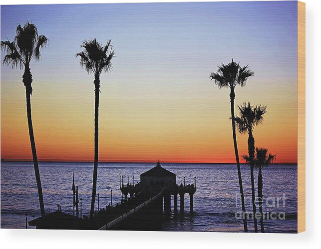 Sunset Wood Print featuring the photograph Sunset On Manhattan Beach Pier by Sharon McConnell