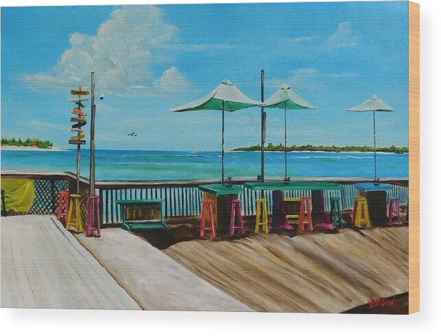 An Incredible View From The Sunset Pier Tiki Bar In Key West Florida Wood Print featuring the painting Sunset Pier Tiki Bar - Key West Florida by Lloyd Dobson