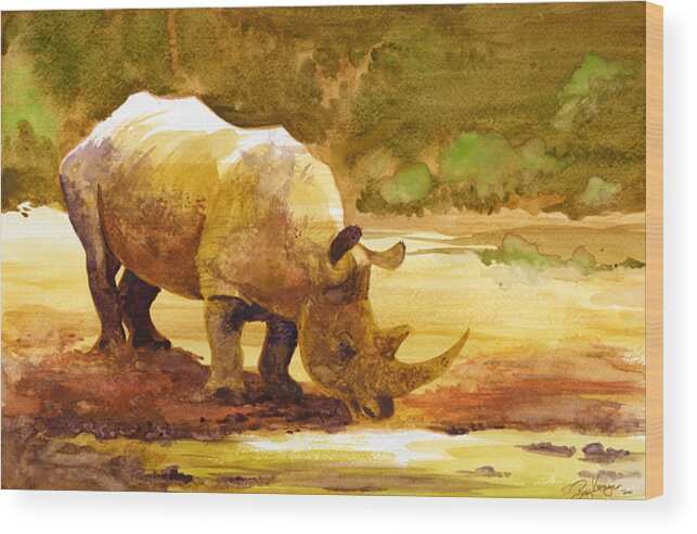 Watercolor Wood Print featuring the painting Sunset Rhino by Brian Kesinger