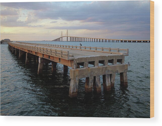 Sunshine Skyway Bridge Wood Print featuring the photograph Sunshine Skyway, Old and New by Daniel Woodrum
