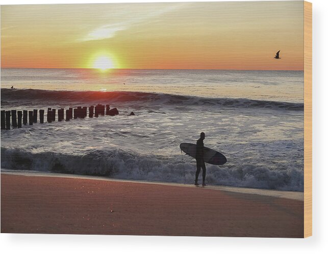 Surfboard Wood Print featuring the photograph Surfer Sunrise by Kathleen McGinley