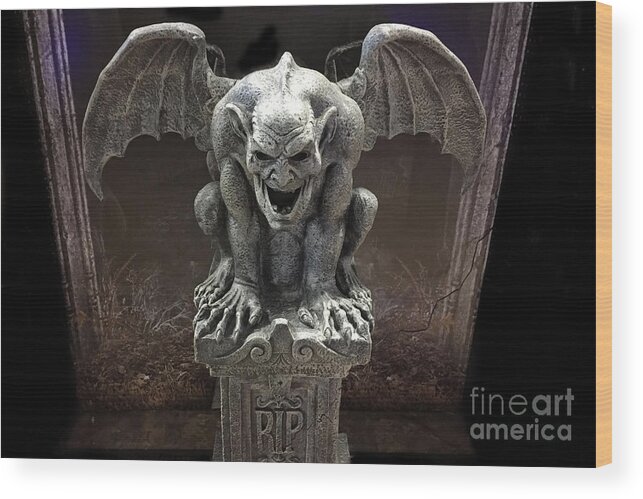 Surreal Gothic Spooky Haunting Scary Dark Gothic Gargoyle On Pedestal -  Gargoyle Halloween Print Wood Print